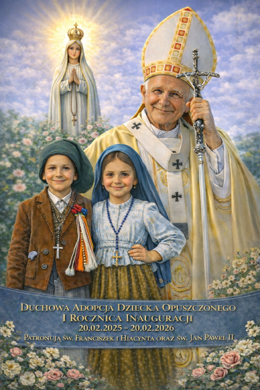 Obraz jubileuszowy DADO z Matką Bożą Fatimską, św. Janem Pawłem II oraz świętymi Franciszkiem i Hiacyntą